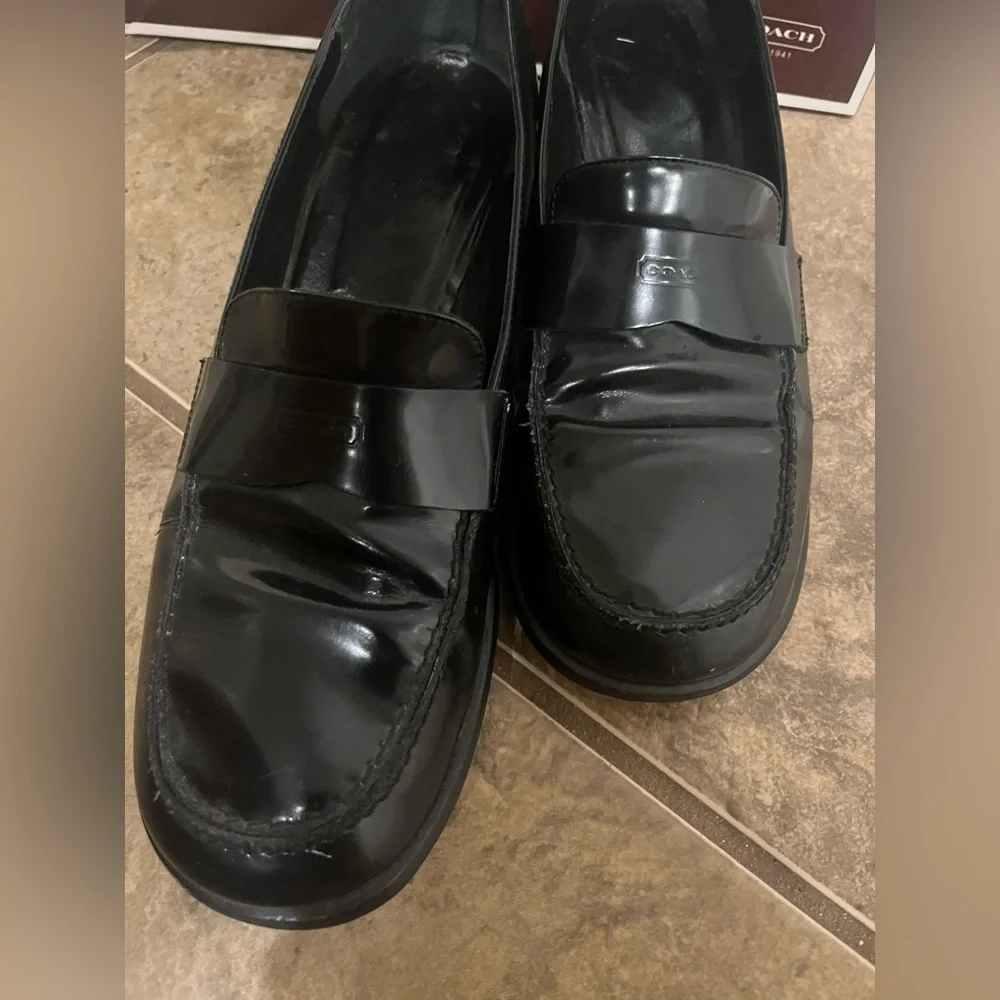 Coach Leather Black Patent Block Heeled Penny Loafer Shoes - Picture 5 of 10